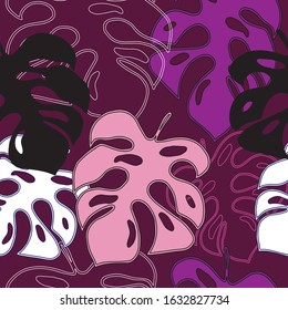 Colorful tropical monstera leaves. Vector illustration. Seamless pattern.