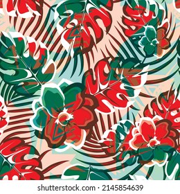 colorful tropical monstera plants and palm leaves seamless pattern with abstract flowers on gerunge background. shirt prints texture. fashionable texture. nature pattern background. cartoon stylish.