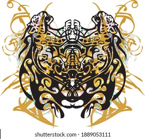Colorful tropical motives with jaguar patterns. Golden floral butterfly wings formed by jaguar elements on the white for textiles, wallpapers, postcards, prints on T-shirts, tattoos, etc.