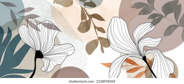 Colorful tropical on earth tone background. Abstract watercolor texture wallpaper with leaves, flower, and eucalyptus leaf in line art pattern. Design for cover, banner, print, wall art, decoration.