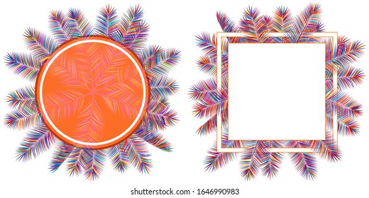 Colorful tropical palm leaves frames botanical vector illustration. Exotic nature cards or banners with border for text isolated on white background. Jungle leaf floral round patterns, text frames.