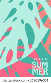 Colorful tropical palm leaves. Minimalist botanical design. Summer poster, banner, card, cover. Textured summertime concept background.