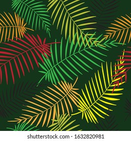 Colorful tropical palm leaves on green background. Vector illustration. Seamless pattern.