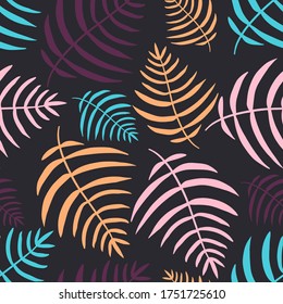 Colorful Tropical palm leaves on black background. Vector seamless pattern.