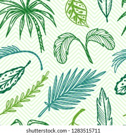 Colorful Tropical Palm Tree Leaves Vector Seamless Pattern. Hand Drawn Doodle Palm Leaf Sketch Drawing. Summer Floral Striped Chevron Background. Tropical Plants Wallpaper