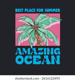 Colorful tropical palm tree vector for kids t-shirt design. Fun summer beach vibe with bold text. Perfect for vacation, surfing, island, paradise, and ocean-themed apparel.