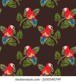 Colorful tropical parrots seamless pattern design for fabric and decor.
