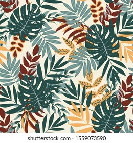 Colorful tropical pattern. Creative abstract seamless pattern with tropical plants. Vector background for various surface. Exotic wallpaper, Hawaiian style. Floral pattern. Jungle leaves.