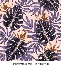Farbiges tropisches Muster. Kreatives abstraktes, nahtloses Muster mit tropischen Pflanzen. Vektorillustration Hintergrund für verschiedene Oberflächen. Exotische Tapete, hawaiianischer Stil. Blumenmuster. Dschungelblätter.
