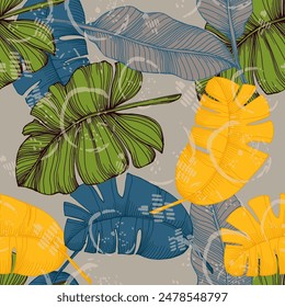 Colorido patrón tropical. Lindo patrón botánico abstracto contemporáneo sin fisuras. Impresión única dibujada a mano. Estampado para tela de lujo, ropa, Fondo de pantalla.