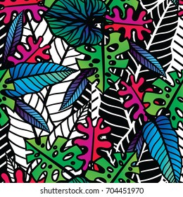 Colorful tropical pattern with exotic plants. Seamless vector tropical pattern with leaves.