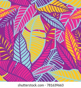 Colorful tropical pattern with exotic plants. Seamless vector hand drawn tropical wallpaper with leaves.