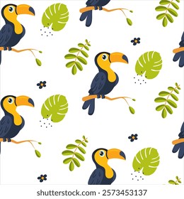 Colorful tropical pattern featuring toucans and leaves in a vibrant design