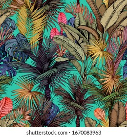 Colorful tropical pattern with palm trees and exotic bromeliad flowers. Vector illustration on bright turquoise blue background.