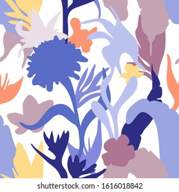 Colorful tropical pattern. Seamless design with leaves and flowers. Bright botanical silhouettes on white background.