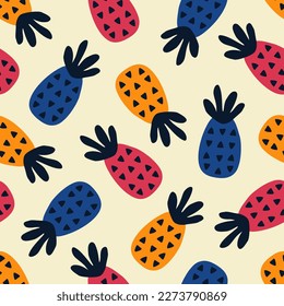 Colorful tropical pineapple hand drawn vector illustration. Thailand fruit seamless pattern for kids fabric or wallpaper.