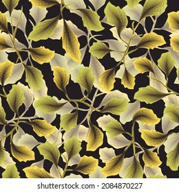 colorful tropical plants foliage seamless pattern with behind white leaves shadow on dark background. Printing and textiles. Exotic tropics. Summer design. Vector design. Jungle print