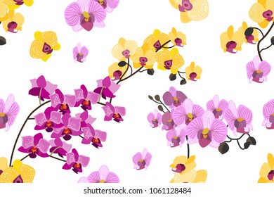 Colorful tropical print with blooming orchids on white background. Seamless botanical pattern with aloha motifs. Trendy design for textile, cards and invitations.