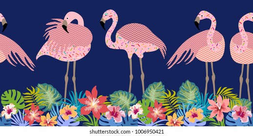 Colorful tropical print. Seamless vector pattern with pink flamingos and flowers. Trendy textile design for shirts, dresses, bags and carpets. Hawaiian collection. On dark blue background.