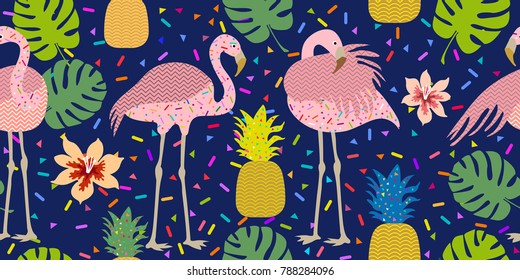 Colorful Tropical Print. Seamless Vector Pattern With Pink Flamingos And Golden Pineapples. Trendy Textile Design For Shirts, Dresses, Bags And Carpets. Hawaiian Collection. On Dark Blue Background.