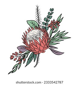 Colorful tropical protea flowers and leaves bouquet. Boho floral composition