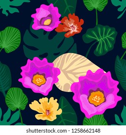 Colorful tropical rainforest with purple flowers. Seamless vector pattern with palm leaves and other plants. Aloha textile collection. On dark background.