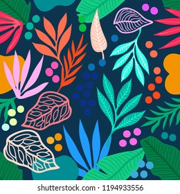 Colorful tropical rainforest. Seamless vector pattern with palm leaves and other plants. Aloha textile collection. On dark blue background.