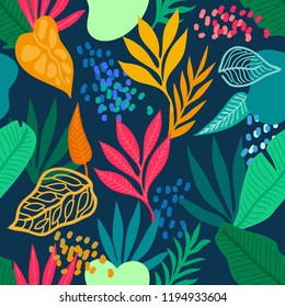 Colorful tropical rainforest. Seamless vector pattern with palm leaves and other plants. Aloha textile collection. On dark background.