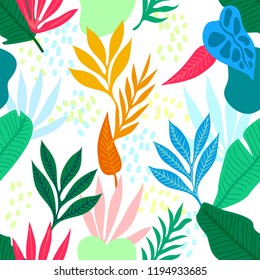 Colorful tropical rainforest. Seamless vector pattern with palm leaves and other plants. Aloha textile collection. On white background.