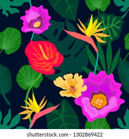 Colorful tropical rainforest. Seamless vector pattern with callas, palm leaves and other plants. Aloha textile collection. On dark background.