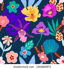 Colorful tropical rainforest. Seamless vector pattern with orchids, palm leaves and other plants. Aloha textile collection. On dark blue background.