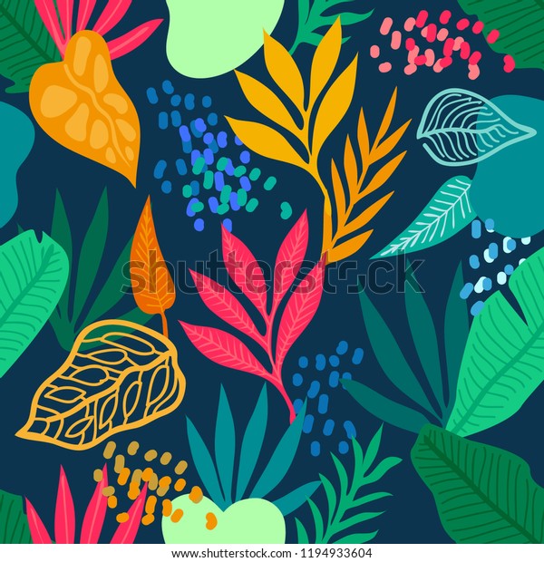 カラフルな熱帯雨林 ヤシの葉や他の植物とシームレスなベクター画像パターン アロハ織物コレクション 暗い背景に のベクター画像素材 ロイヤリティフリー