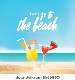 Colorful tropical refreshing drinks in the glasses at the beach in summer, vector template with space for text