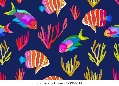 Colorful tropical sea. Seamless vector pattern with stylized embroidered texture. Multicolored exotic fishes and corals on dark blue backgound. Beach textile collection.