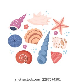 Colorful tropical sea shells clam, starfish on a white background.Underwater shellfish, ocean wildlife. Design print for t shirt. Vector illustration in flat style
