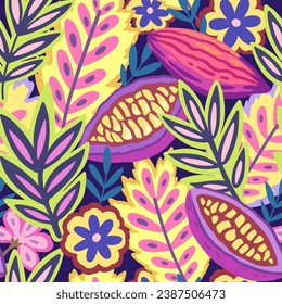 Colorful tropical seamless pattern. Abstract psychedelic motif with plant and floral elements. Joyful print for design. Vector illustration