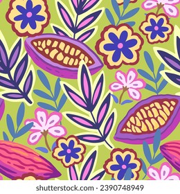 Colorful tropical seamless pattern. Abstract psychedelic motif with plant and floral elements. Joyful print for design. Vector illustration