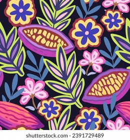 Colorful tropical seamless pattern. Abstract psychedelic motif with plant and floral elements. Joyful print for design. Vector illustration