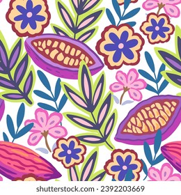 Colorful tropical seamless pattern. Abstract psychedelic motif with plant and floral elements. Joyful print for design. Vector illustration
