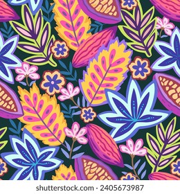 Colorful tropical seamless pattern. Abstract psychedelic motif with plant and floral elements. Joyful print for design. Vector illustration