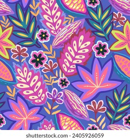 Colorful tropical seamless pattern. Abstract psychedelic motif with plant and floral elements. Joyful print for design. Vector illustration