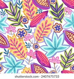 Colorful tropical seamless pattern. Abstract psychedelic motif with plant and floral elements. Joyful print for design. Vector illustration