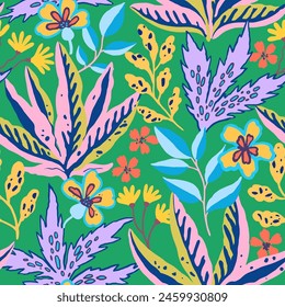 Colorful tropical seamless pattern. Abstract psychedelic motif with plant and floral elements. Joyful print for design. Vector illustration