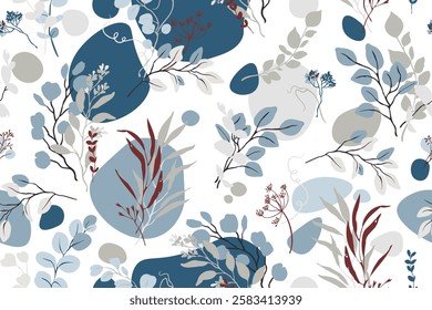 Colorful tropical seamless pattern. Abstract vector wallpaper with eucalyptus branches, leaves in line art pattern. Design for cover, banner, print, wall art.