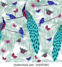 colorful tropical seamless pattern with birds, vector