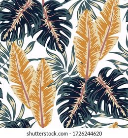 Colorful tropical seamless pattern. Creative abstract pattern with tropical plants. Vector background for various surface. Exotic wallpaper, Hawaiian style. Floral pattern. Jungle leaves.