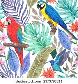 Colorful tropical seamless pattern with exotic birds and flowers. Vector illustration.
