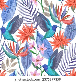 Colorido patrón tropical sin costuras con aves exóticas y flores. Ilustración vectorial.