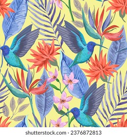 Colorful tropical seamless pattern with exotic birds and flowers. Vector illustration.