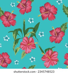 Colorful tropical seamless pattern with hand drawn hibiscus flower and leaves